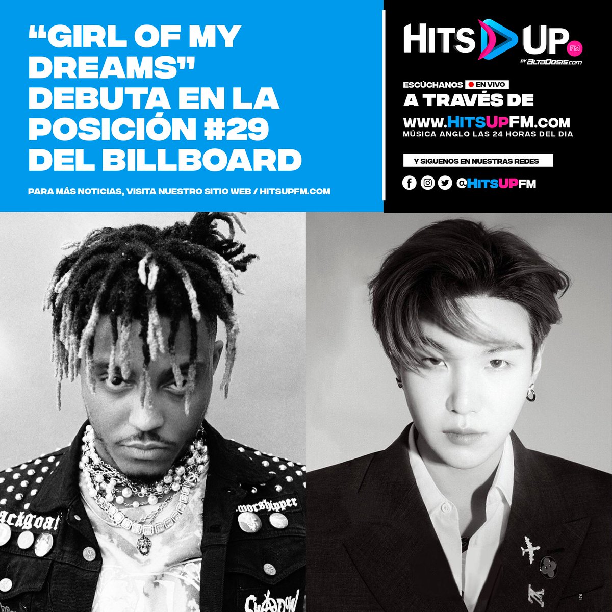HitsUpFM's tweet photo. ¡Colaboración ICONICA! Esta semana #GirlOfMyDreams de @JuiceWorlddd &amp; #SUGA de @BTS_twt debuta en la posición no. 29 del Billboard Hot 100 ¿Te gustó el single? | Más noticias por https://t.co/tDCcvZ0ShM https://t.co/TUnoK9utvz