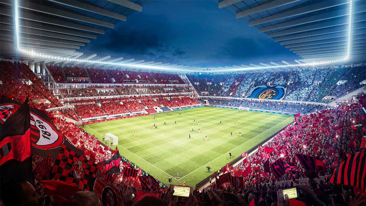 Juezcentral's tweet photo. El Inter y el AC Milan presentaron "La Catedrale", su proyecto de nuevo estadio, que estará listo para el año 2027. Estará inspirado en el Duomo y en la Galleria Vittorio Emmanuele II de Milán. Su fachada de vidrio cambiará de color, dependiendo de si juega el Inter o el Milan. https://t.co/aViplV8LKP