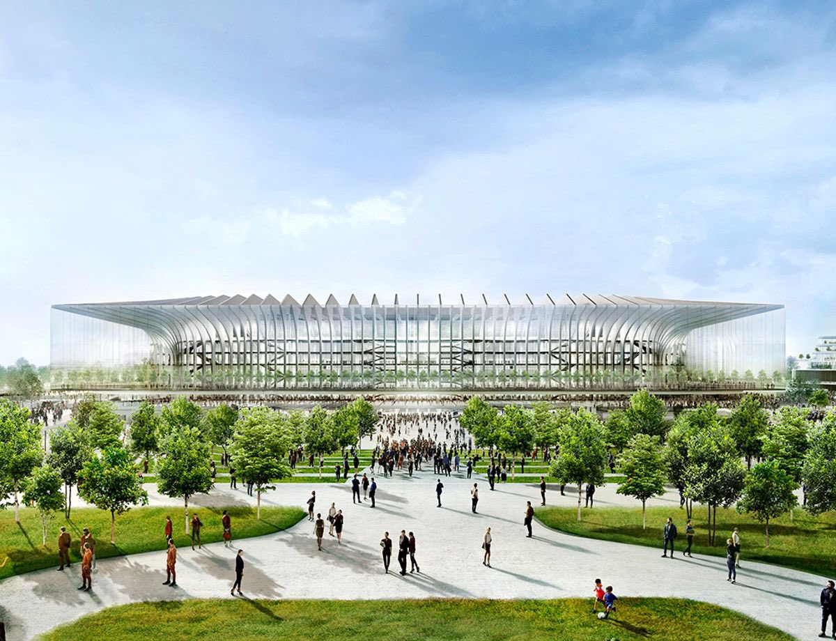 Juezcentral's tweet photo. El Inter y el AC Milan presentaron "La Catedrale", su proyecto de nuevo estadio, que estará listo para el año 2027. Estará inspirado en el Duomo y en la Galleria Vittorio Emmanuele II de Milán. Su fachada de vidrio cambiará de color, dependiendo de si juega el Inter o el Milan. https://t.co/aViplV8LKP