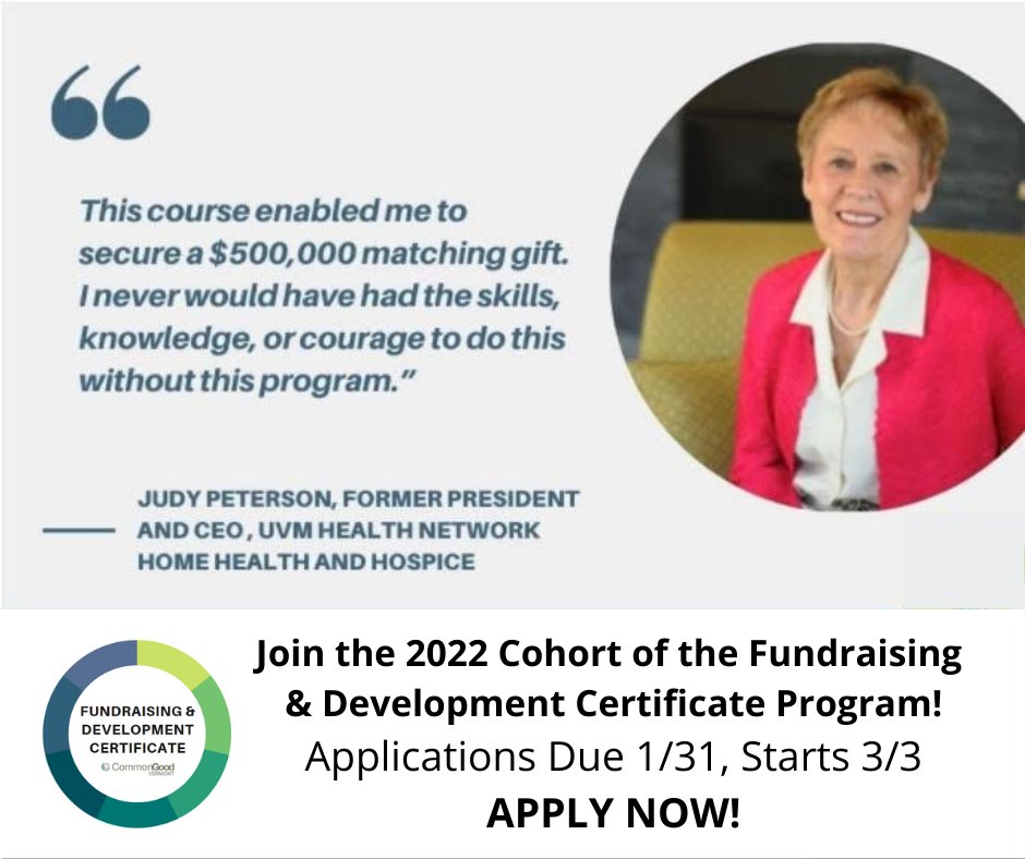 CommonGoodVT's tweet image. Asking if the Fundraising &amp;amp; Development Certificate is worth the investment?  Judy Peterson applied what she learned to secure a half-million dollar gift. We think the $2500 investment was well worth it! Apply Today:  tinyurl.com/2khn43vn 
 #npvt