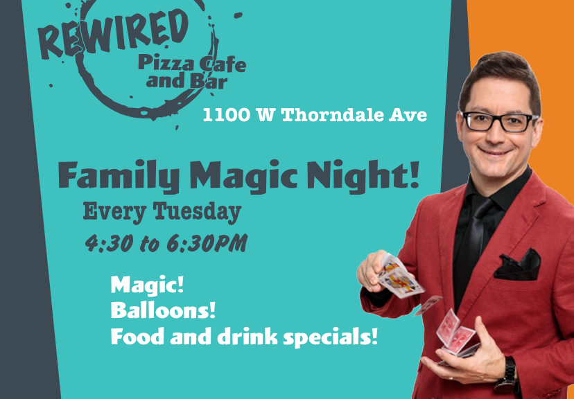 TIME CHANGE! Family Magic Night at @RewiredPizzaCafe is moving to 4:30 to 6:30 PM. 

Come out tonight for tableside magic, balloons, food and drink specials.

#edgewater #chicago #chicagomoms #thingstodoinchicago #thingstodotonight #familyfun #thingstodowithkids #magic
