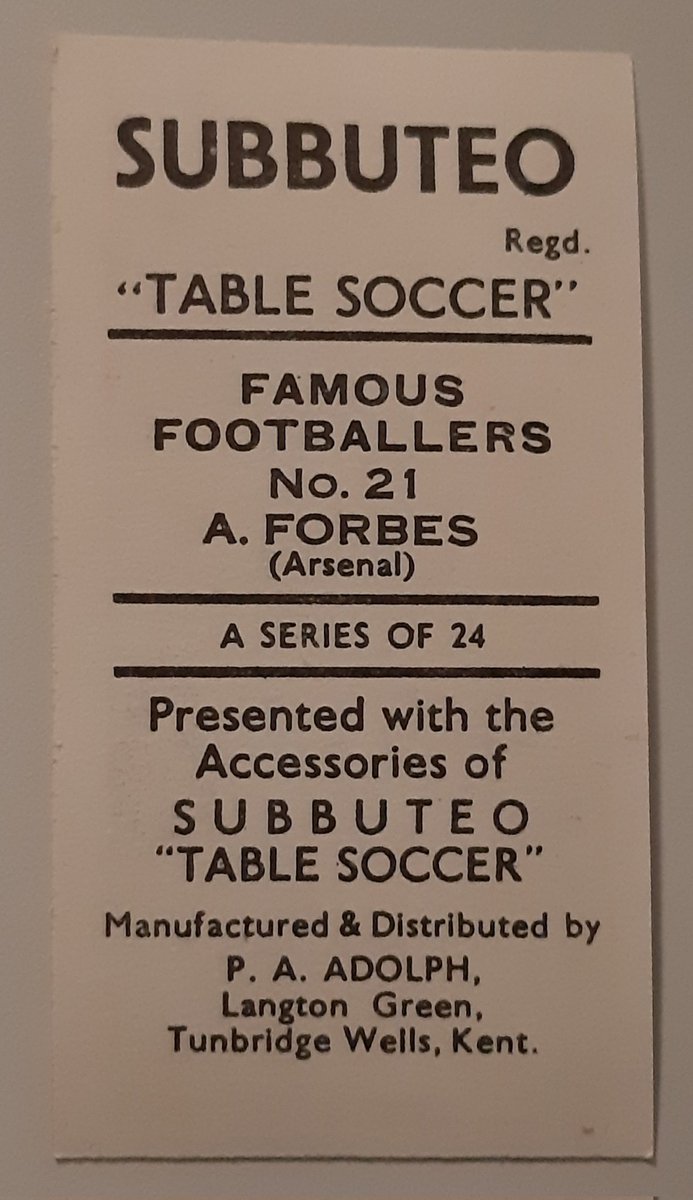 RBFootMem's tweet photo. Alec Forbes of #Arsenal
Subutteo Famous Footballers issued 1954 

Started at Sheffield Utd in 1944 before moving  to Highbury for 8 yrs in 1948 Had short spells at Orient + Fulham before retiring due to knee injuries. Capped 14 times for #Scotland from 1947-52

@AFC_Collection https://t.co/o6MiNkJgTy