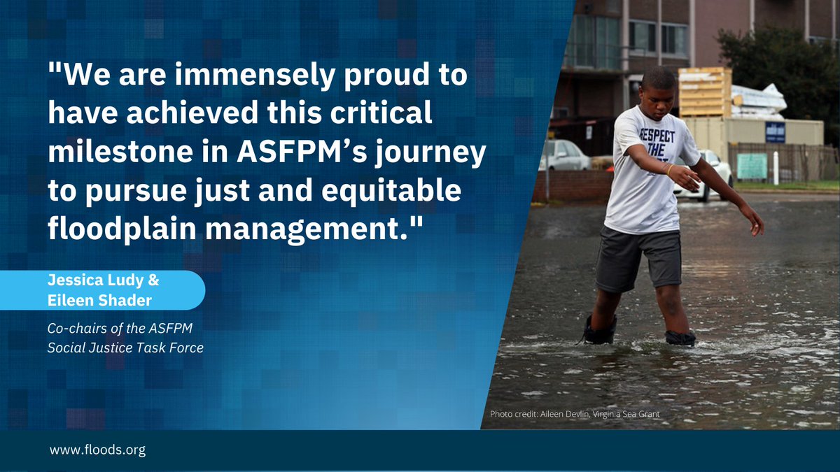 FloodsOrg's tweet photo. As leaders in floodplain management, ASFPM will actively promote and support inclusive, equitable, and just
floodplain management policies and practices... Read more about our social justice policy statement, which was unanimously approved by the board:  

https://t.co/58pJJMUbUp https://t.co/QSC3v4rhJ1