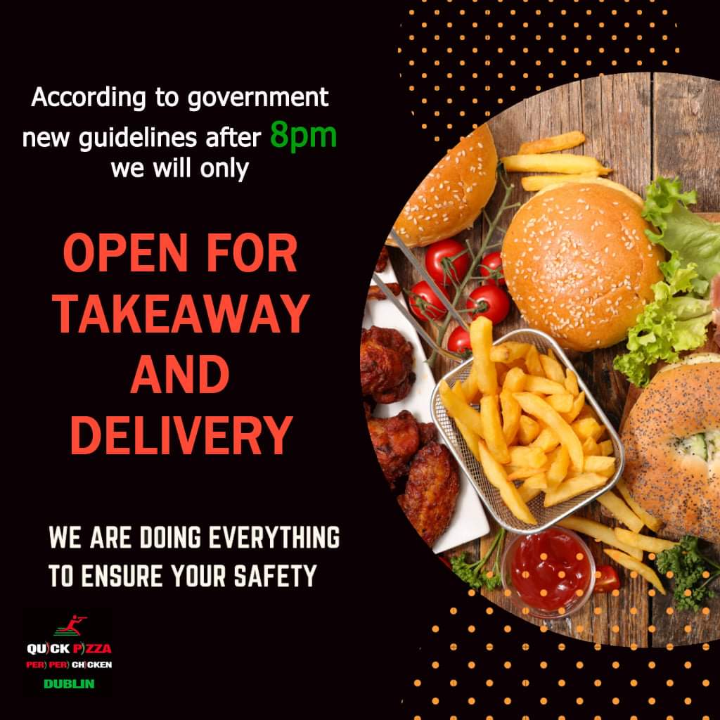 QuickPizza_ie's tweet photo. According to government new guidelines after 8pm, we will only open for Takeaway &amp; Delivery.

Opening Hours: 12:00 to 22:00 (Dining In 12:00 to 20:00)

Contactless Delivery Available from our Delivery Partners.
Deliveroo: https://t.co/Cw7pPi7UCA
JustEat: https://t.co/RAj7c5hpbg https://t.co/uhe5FZBUmT