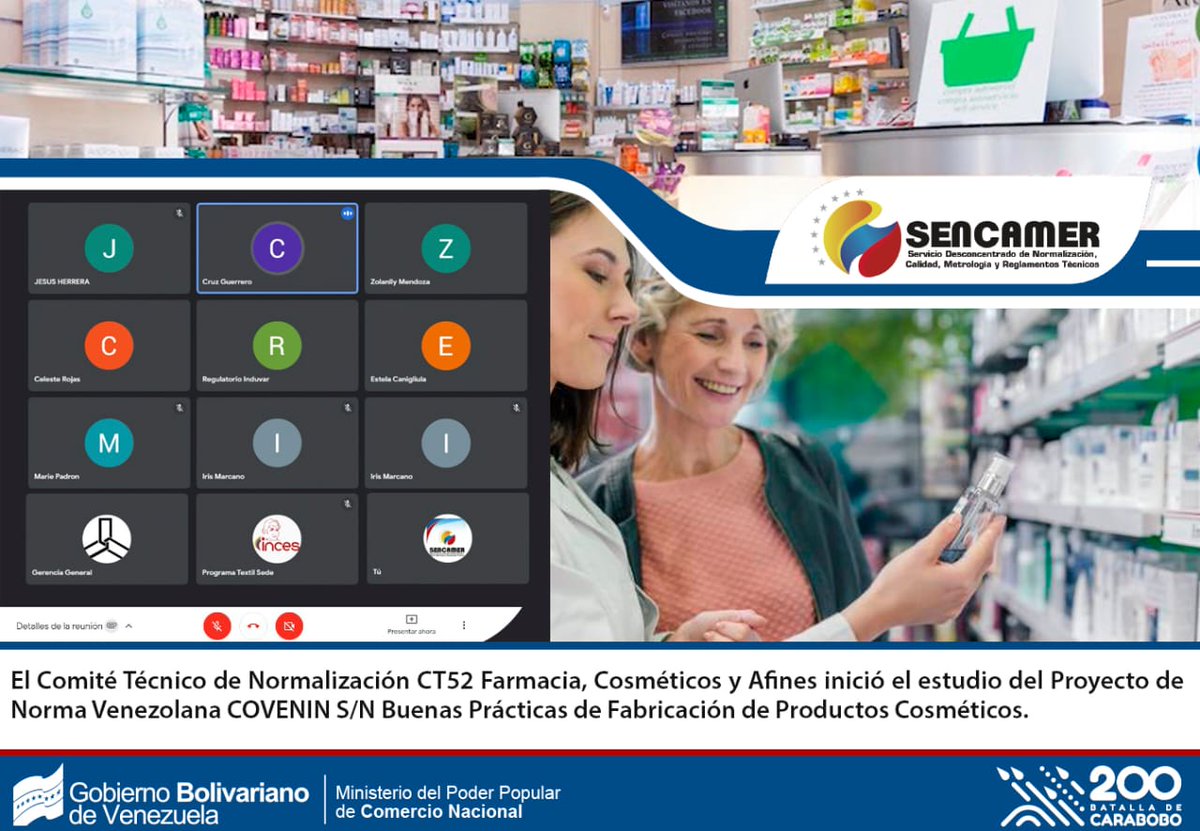El #Sencamer 🇻🇪 inició el estudio del Proyecto de Norma Venezolana COVENIN S/N Buenas Prácticas de Fabricación de Productos Cosméticos.

📩Participa enviando currículo junto al oficio anexo 👇drive.google.com/file/d/1xU-UKQ… 
A los correos:
📧postulacion.comite@sencamer.gob.ve