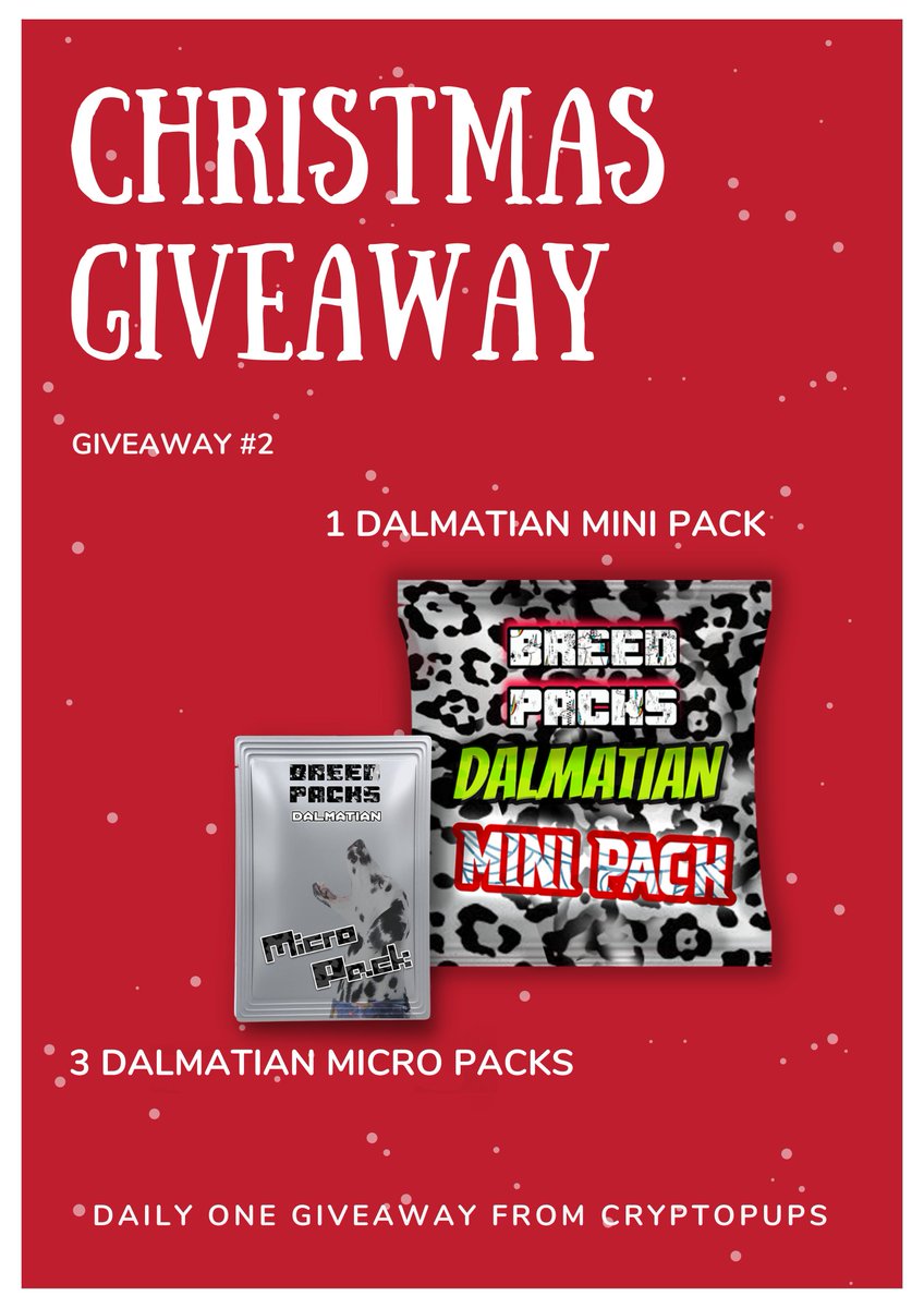 PupsCrypto's tweet photo. ⛄It's Christmas Time🎅 Day 2🎄

We are giving away one Dalmatian mini pack and 3 micro packs 🥳

All you need to do is:

✅ Follow @PupsCrypto
✅ Like &amp; Retweet
✅ TAG 3 NFT FRIENDS 👇

Winner announced tomorrow
#NFTGiveaway #nftartist #nftcollector #nftcommunity #nftcollectors https://t.co/auxokxdHpg