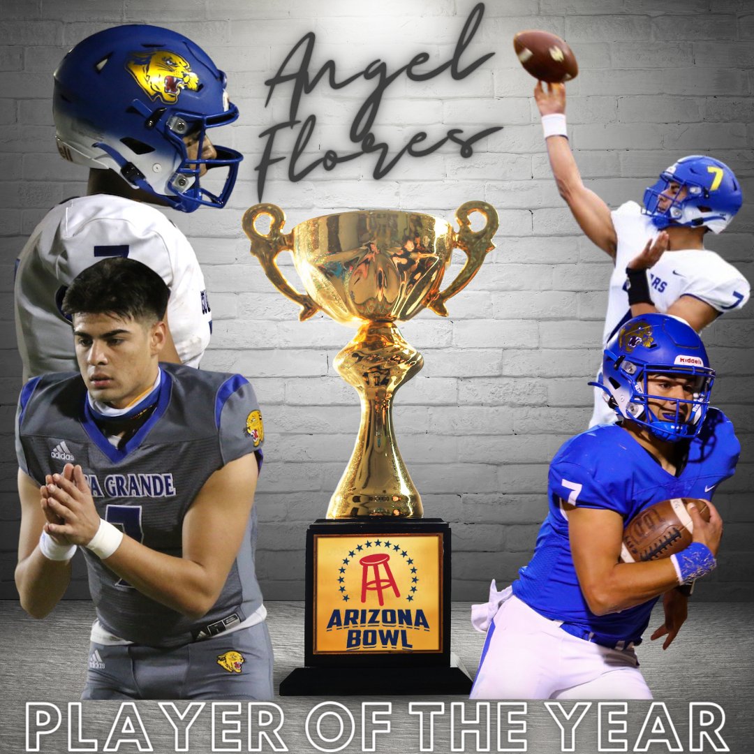 theARIZONABOWL's tweet photo. Congratulations to Angel Flores of Casa Grande, our 2021 Barstool Sports Arizona Bowl High School Player of the Year! Flores led his team all the way to a 4A State Championship, the first ever in school history. Congratulations, Angel! https://t.co/lzDWQrO5fG