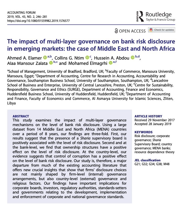 Check out one of our top-read articles: The impact of multi-layer #governance on bank risk #disclosure in emerging markets: the case of #MiddleEast and #NorthAfrica by @elamer2020, <a href="/ntimcollins/">Collins G. Ntim (PhD, CPA)</a>, <a href="/hussein_abdou/">Hussein Abdou</a>, Alaa Mansour Zalata &amp; Mohamed Elmagrhi

tinyurl.com/4sa7x63h