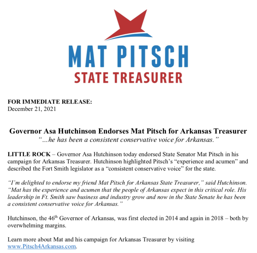 MatPitsch's tweet photo. Excited to receive this endorsement from Arkansas Governor Asa Hutchinson!
#Pitsch4Arkansas #TellTen Visit https://t.co/7Gbj9DdvrI to learn more! https://t.co/UjP35jh56p