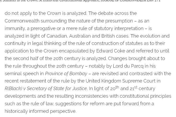 LawScribes's tweet photo. Royal Prerogative: Revisiting the application of statutes to the Crown: A historical constitutional approach. Law Prof @MFranceFort @DrCiviluOttawa @JCommwlthLaw #monarchy #constitution https://t.co/93EgFq1etN https://t.co/T1KjB4rGmM