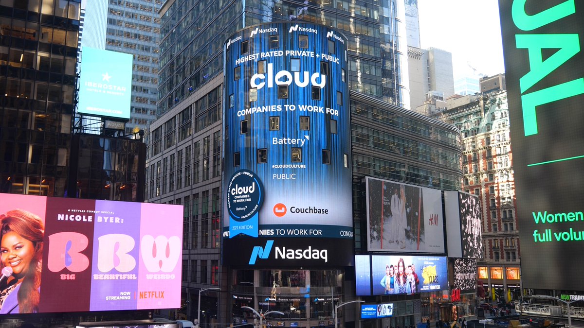 Thank you to our <a href="/Nasdaq/">Nasdaq</a> family for putting us up on the big screen again! 

And once again thank you to <a href="/BatteryVentures/">Battery Ventures</a> for recognizing #couchbase as a great place to work!