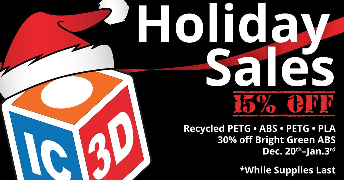 Save 15% on production grade IC3D ABS, PLA, PETG, and Recycled PETG now through January 3rd with code: HappyHolidays2021

🚨Get 30% off bright green ABS while supplies last!🚨

ic3dprinters.com/shop/

#DemocratizingManufacturing #EnableHumanPotential