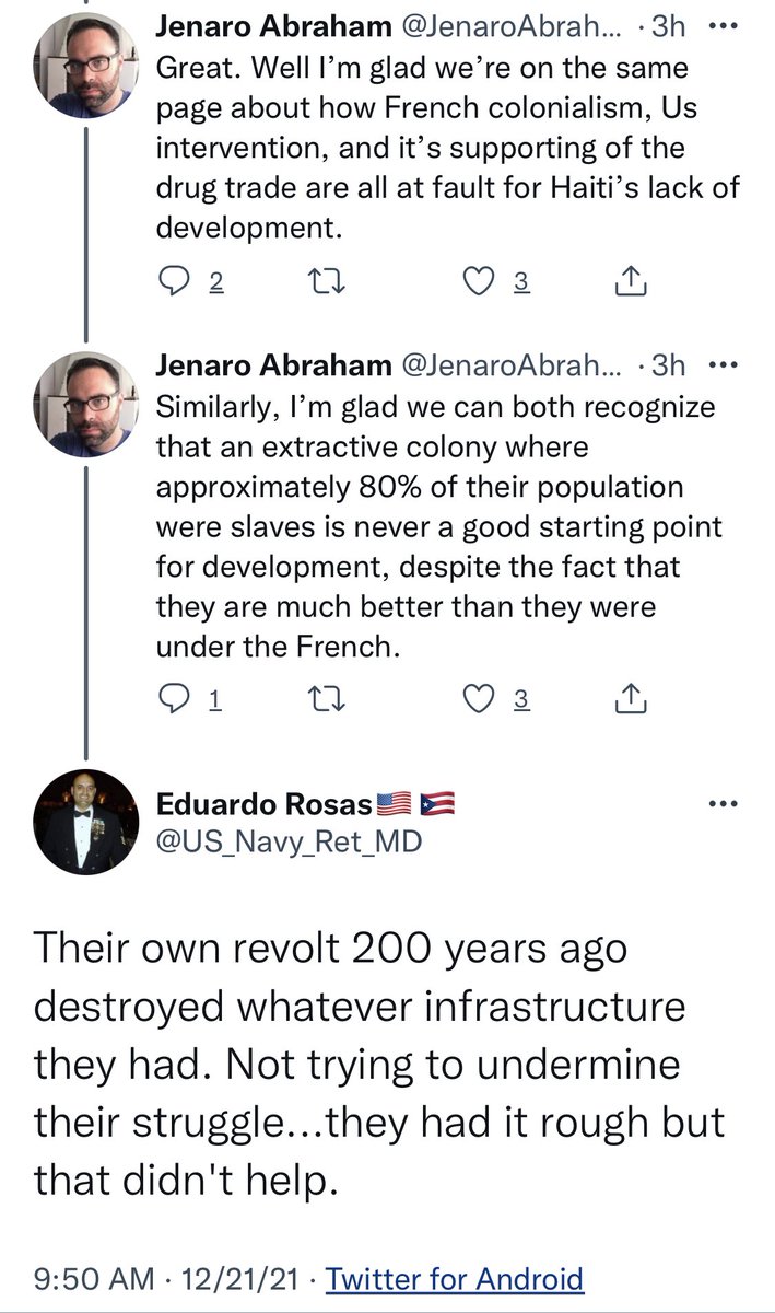 Puerto Rican Democrat statehooder literally arguing today that Haiti was better off before independence. And no, he didn’t forget about slavery:
