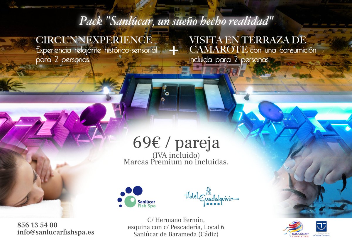 SanlucarFishSpa's tweet photo. ⭐️ Esta #navidad2021 REGALA SUEÑOS!
👉 Experiencia relajante histórico sensorial en @sanlucarfishspa
👉 Consumición en Terraza de Camarote del @hotelguadalquivir (planta 11 de nuestro hotel)...por 69€/pareja!
 #creamosexperiencias
#vendemossensaciones
https://t.co/UjxBePjJqq https://t.co/JEa3krNOgY