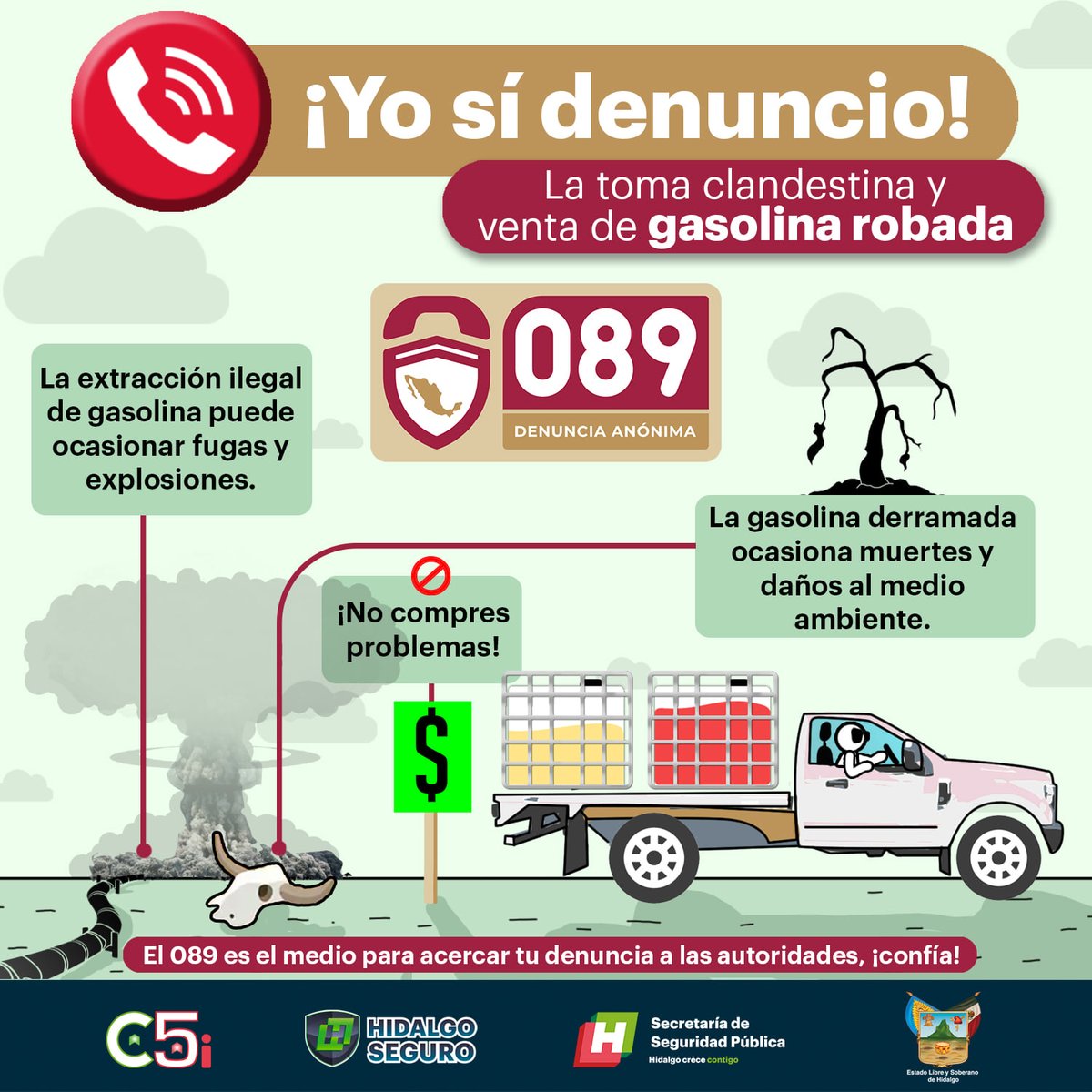 SSP_Hidalgo's tweet photo. La extracción de gasolina de forma ilegal representa un mercado de sangre. Trae consigo homicidios, explosiones, desalojos de comunidades y robos de vehículos. 

No compres #huachicol y denuncia la toma y venta del mismo.

#YoSíDenuncio

Por un #HidalgoSeguro https://t.co/lRsVNwBdhX