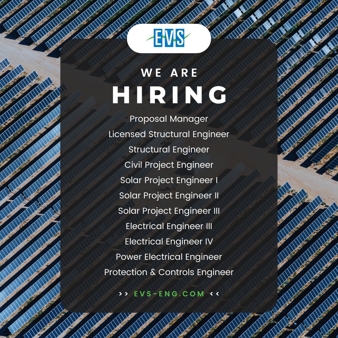 EVS_Engineering's tweet image. Are you looking to join a team that is fun, collaborative, and dedicated to your career success? Apply with EVS at evs-eng.com/careers #careers #team #hiring #renewableenergy #renewableenergycareers #solar #solarenergy #engineers #engineering