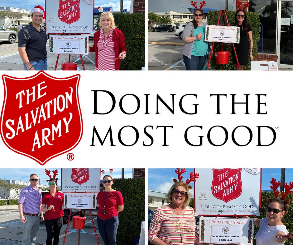 VoteIndianRiver's tweet photo. Elections Office staff giving back to the community by ringing the bell for @SalvationArmyUS annual Red Kettle Campaign, to help provide food, toys, and clothes to those in need during the holidays! We were able to raise $454.55 this year during our shift! #RedKettleReason https://t.co/jG0JiuRlZg