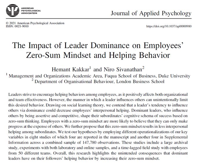 Numly's tweet photo. When leaders are aggressive and combative, people stop helping each other.
8 studies, 147k people: dominant leadership teaches people that success is a zero-sum game, motivating taking rather than giving.
RT: @AdamMGrant
#Leadership #AggressiveLeaders #DominantLeader https://t.co/YkTTrzEraH