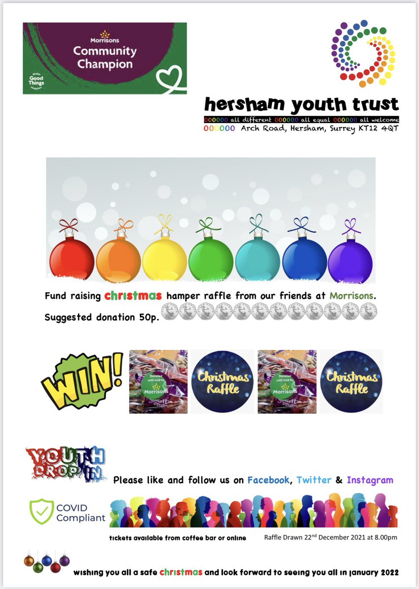 We will be drawing our Christmas hamper winners tomorrow at 8pm. Tickets available  tonight until 10pm or tomorrow evening 7:30pm - 8pm. #WeybridgeMorrisons #hampers #CommunityChampion