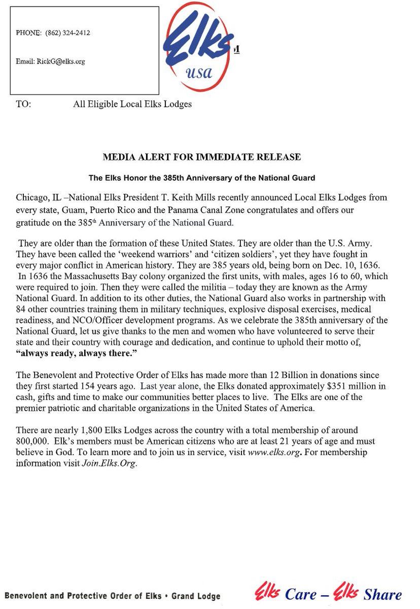 GLMembMarketing's tweet photo. National Elks President T. Keith Mills recently announced Local Elks Lodges from every state, Guam, Puerto Rico and the Panama Canal Zone congratulates and offers our gratitude on the 385th Anniversary of the National Guard. https://t.co/pSeK85Qy8V
