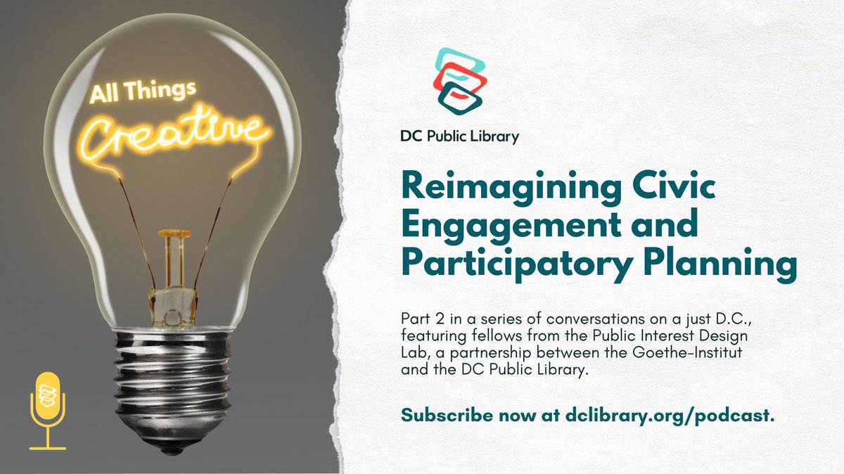 dcpl's tweet image. Tune in to #AllThingsCreative for a series on a just D.C., featuring fellows from the Public Interest Design Lab, a partnership between @goetheinstitut and @dcpl! This episode features @jennwlow, Ann McCorvey and @rstnrstn. dclibrary.org/podcast