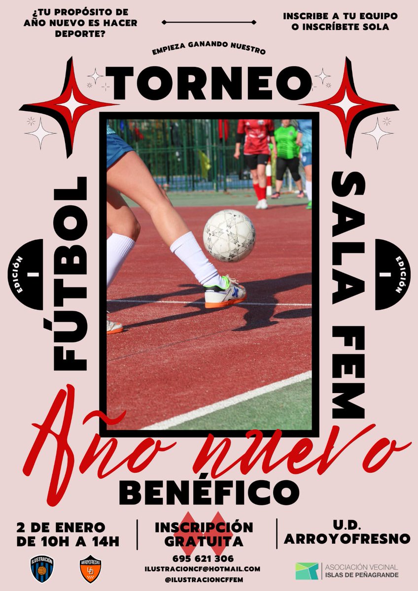 La mañana del 2 de enero celebramos junto al <a href="/IlustracionCF/">Ilustración CF</a> el primer torneo benéfico de fútbol sala femenino ⚽🏃🏻‍♀️
Será en la <a href="/ud_arroyofresno/">UD Arroyofresno</a>, la inscripción es gratis y puedes venir con o sin equipo. Habrá barra de bebidas y lo recaudado será destinado a una entidad benéfica.