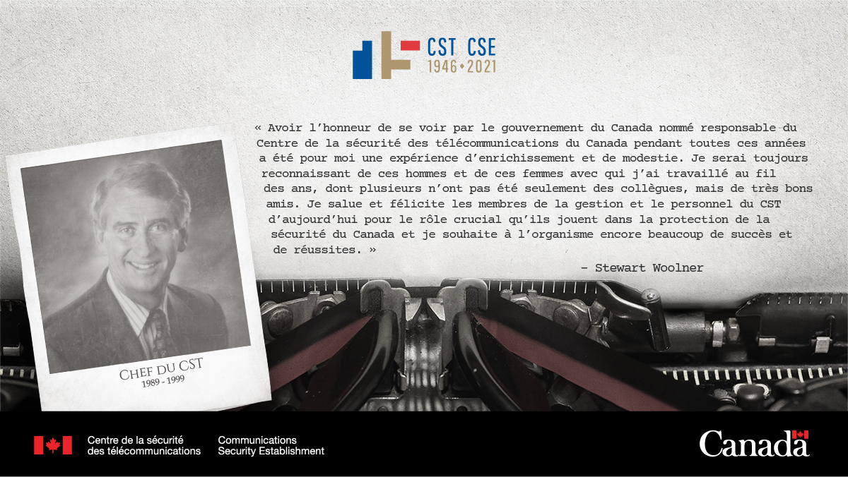 cst_cse's tweet photo. Cette année, nous avons célébré notre 75e anniversaire! Pour commémorer cet important jalon, plusieurs de nos anciens chefs nous ont envoyé des lettres dans lesquelles ils se souviennent de leur passage au CST.

Lisez un extrait de la lettre de Stewart Woolner. #CSE75CST https://t.co/Z1O4wr0xd0