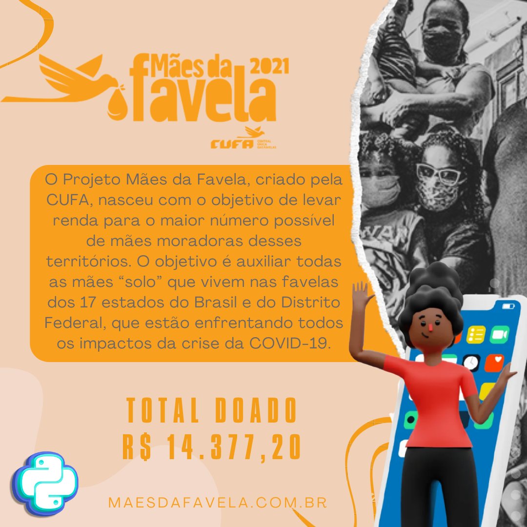 pythonbrasil's tweet photo. Agradecemos a todas que puderam doar para a campanha de arrecadação financeira para o projeto Mães da Favela. 

Foi doado um total de R$14.377,20. 

A prestação de contas pode ser encontrada no nosso site: https://t.co/y0gIeUEIFx https://t.co/4zURoLi1eY