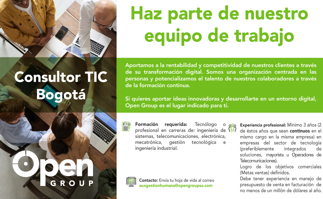 opengroupsa's tweet image. ¡Haz parte de nuestro equipo de trabajo!

Estamos buscando un Consultor TIC en la ciudad de Bogotá

📌Envía tu solicitud a nuestra oferta laboral aquí 👇💼
auxgestionhumana@opengroupsa.com

#trabajosihay #empleo #ofertadeempleo #tecnología