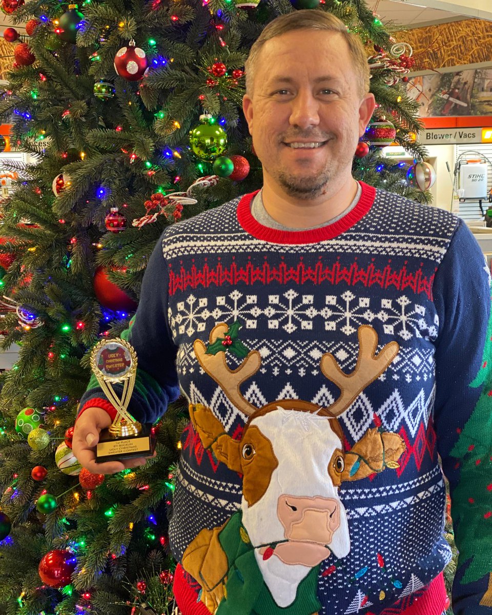 You can say we are kind of festive... Congrats to winner of the Ugly Sweater Contest at our Bucklin location, Aaron O'Hair, Service Writer. He's also a big fan of cows. 🐮🎄