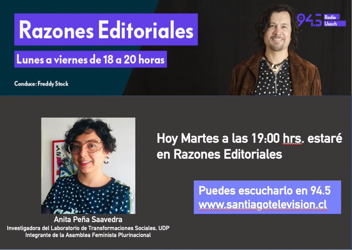 🎙Les invitamos a escuchar a nuestra querida compañera <a href="/anpenasaavedra/">Anita Peña Saavedra</a> en <a href="/radiousach/">Radio USACH 94.5 FM</a> con @freddy_stock. Hoy desde más 19:00 hrs.