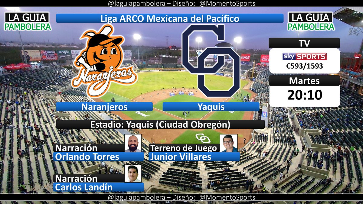 HOY: #OtrasLigasOtrosDeportes #LAMPxSky <a href="/ClubNaranjeros/">Naranjeros de 𝐇ermosillo</a> <a href="/yaquis_oficial/">Yaquis de Obregón 🏹</a> por <a href="/SKYSportsMX/">Sky Sports México</a> (C593/1593) con <a href="/Torres_Enriquez/">Orlando Torres</a> @_CarlosLandin y <a href="/VillaresJr/">Junior Villares</a> (19:30hrs)
