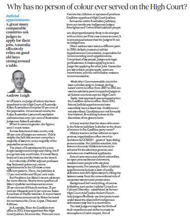 Why has no person of colour ever served on the High Court? Perhaps it's because the current system favours chummy insiders over talented outsiders. andrewleigh.com/judging_divers… #auspol