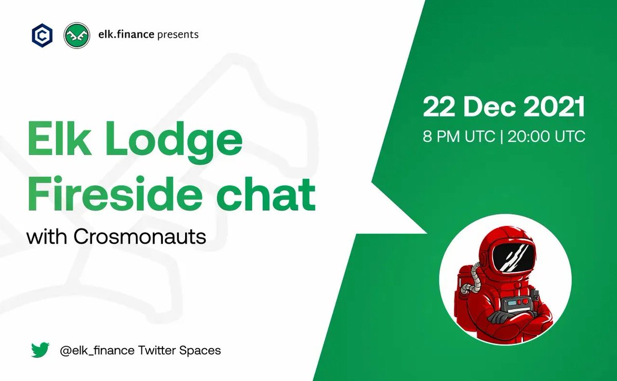 elk_finance's tweet photo. ๐ Let's go again! Fireside chat time ๐
AMA with Crosmonauts on @cronosapp ๐
โฐWhen: 22nd Dec, 8PM UTC
๐Prizes: 1 Crosmonaut & 2 Cronies NFTs
๐คทโโ๏ธWho: @crosmonaut
๐Where: https://t.co/9Efh45ER1v
๐๏ธ Voice AMA so sound on! ๐๏ธ
#NFT #CronosMas https://t.co/k2NLNa2u0N