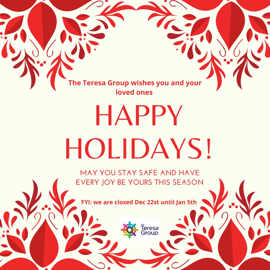 TheTeresaGroup's tweet image. Seasons Greetings! 🎉🎄❤️
As we approach the holidays and the end of year, we wish you all the best! Thank you to our community for the consistent contribution, supports, and love you have shown the Teresa Group and our mission!