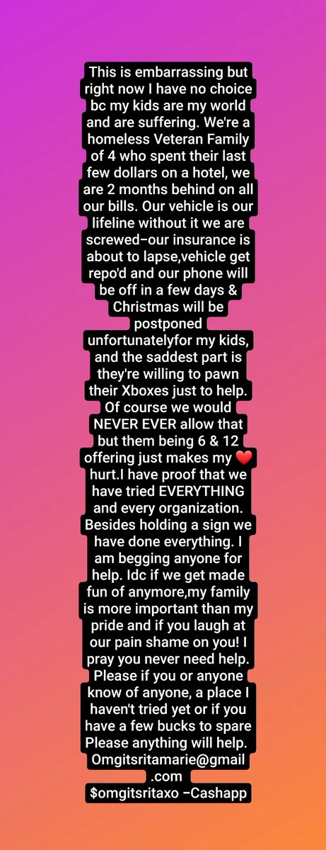 omgritasworld's tweet photo. @TBbloggers Plz can u take a min 2 share?I tried EVERYTHING&amp;every program.I have Noone in #FL 2 even camp in their yards.I have no other way 2 get help.There isn't anything I wouldn't do 4 my kids,Even begging my #community . We just need a chance 2 get our lives back 2gether https://t.co/BkaR6RlV5p