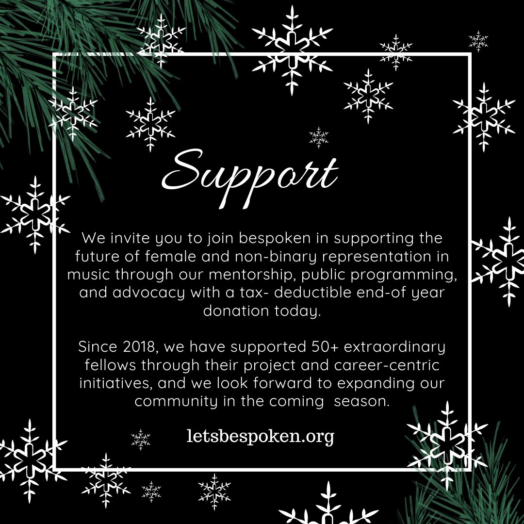 We invite you to join <a href="/letsbespoken/">bespoken</a> in supporting the future of female &amp; non-binary representation in music through our mentorship, public programming, &amp; advocacy with a tax-deductible end-of-year donation today ❄️ fundraising.fracturedatlas.org/bespoken