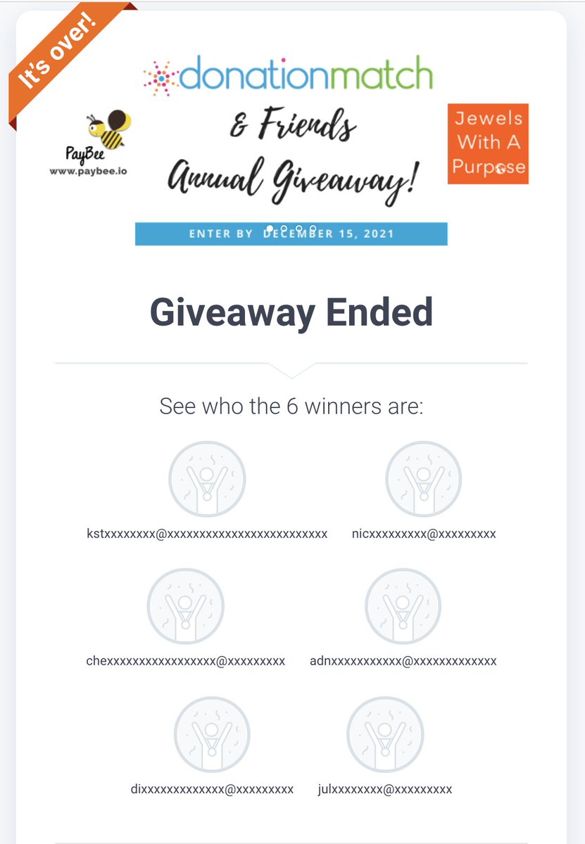 Congratulations to the winners of our 2021 DonationMatch &amp; Friends Giveaway! 

Thank you to PayBee, Jewels With a Purpose, and My Software Tutor for being trusted partners and joining us in gifting some fun prizes to finish another challenging year for many. 💖