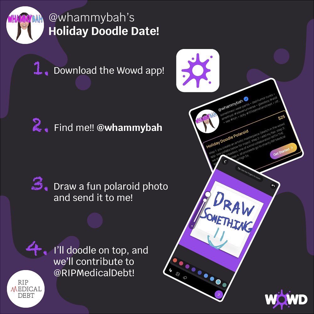wowdco's tweet photo. @wowdco is collabing with the wonderful Michaela Dietz aka @whammybah aka Amethyst of Steven Universe among a ton of other cool things.

Check out this holiday doodle game, all proceeds go to RIP Medical Debt! Try a doodle with Michaela today! https://t.co/YFZF4v0nBR