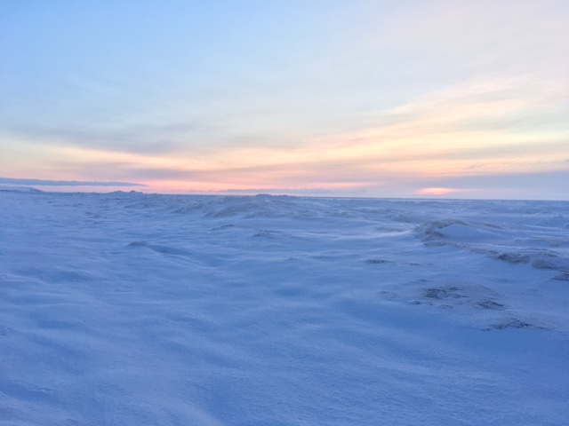 Sunrise over the frozen Bering Sea. Photo looks out over the frozen ocean. A link pink hue illuminates the horizon. The ice is jagged and craggy.