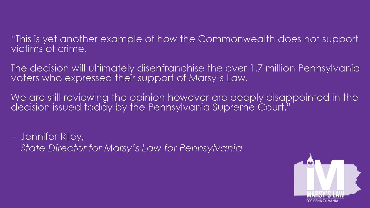 MarsysLawforPA's tweet photo. Our statement on today's Pennsylvania Supreme Court ruling on the Crime Victims' Rights Amendment: https://t.co/aypOwpUXqz