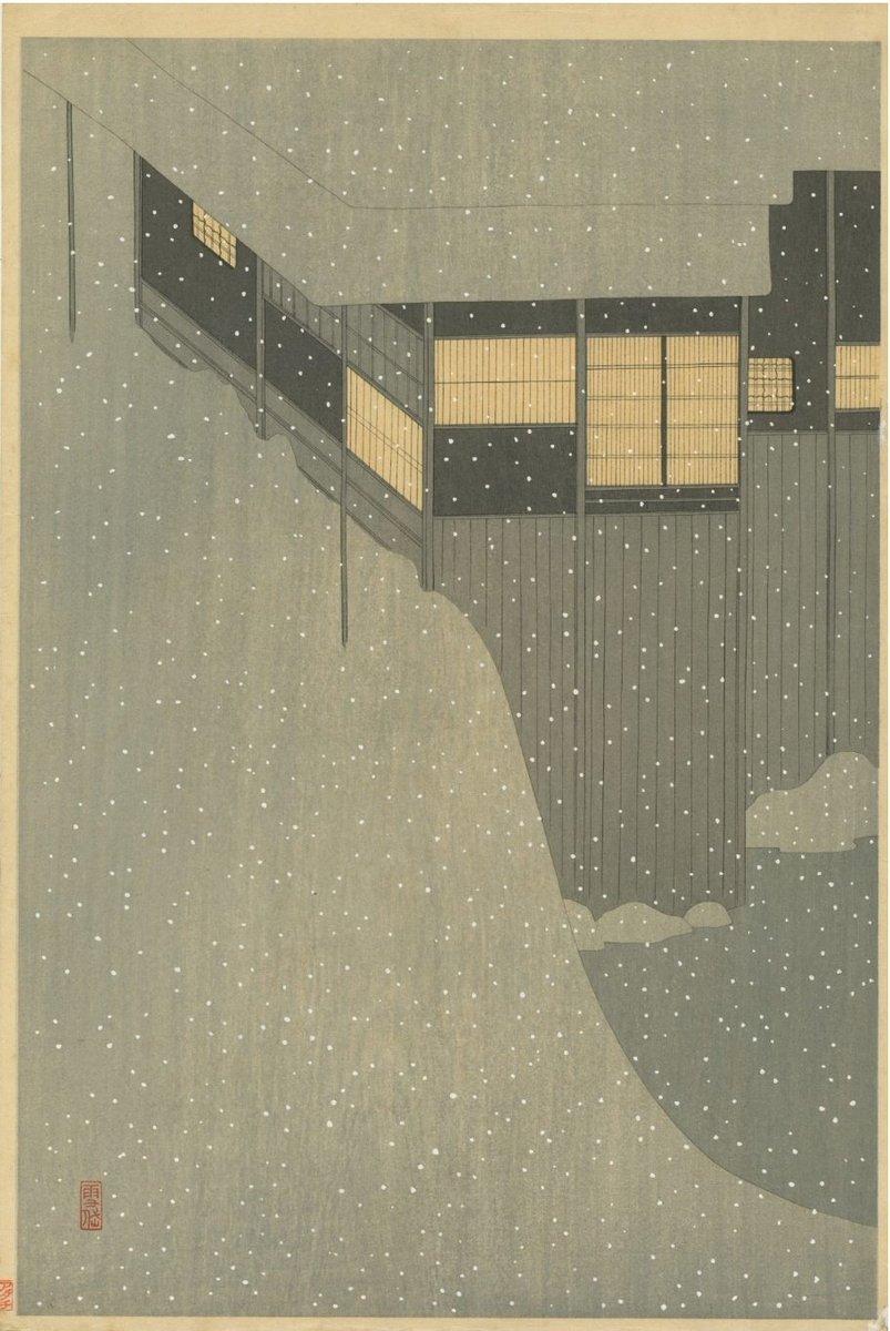 Settai Komura. Snowy Morning. 1942. Hanging on in there for the light. I love his work for the flat flat flatiness, but still depth.