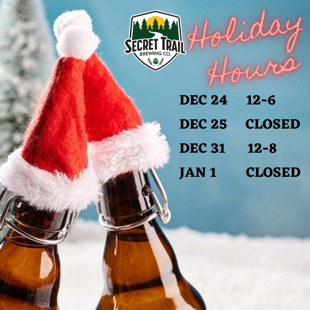 secrettrailbrew's tweet photo. Plan accordingly and Happy Holidays y'all. Be safe and be well. 
🎄 🍻 🎄 🍻 🎄 🍻 🎄 🍻
#chicoca #chicocalifornia #craftbeer #craftbrewery #chicobeerenthusiasts https://t.co/2dADeLZzH1