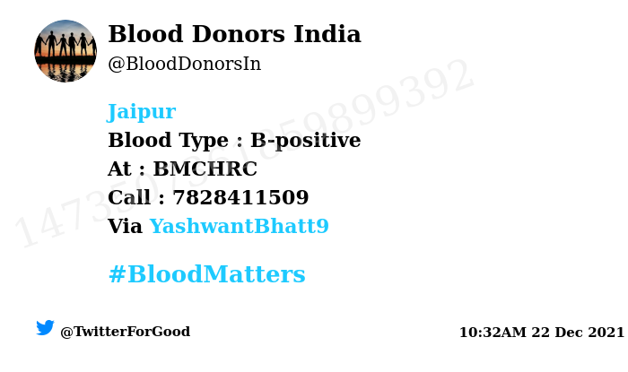 BloodDonorsIn's tweet photo. #Jaipur
Need #Blood Type :  B-positive
Blood Component : Blood
Number of Units : 2
Primary Number : 7828411509
Secondary Number : 7354121559
Patient : Lokesh kumar
Illness : Operation
Via: @YashwantBhatt9
#BloodMatters
Powered by Twitter https://t.co/v18O6mNO7f
