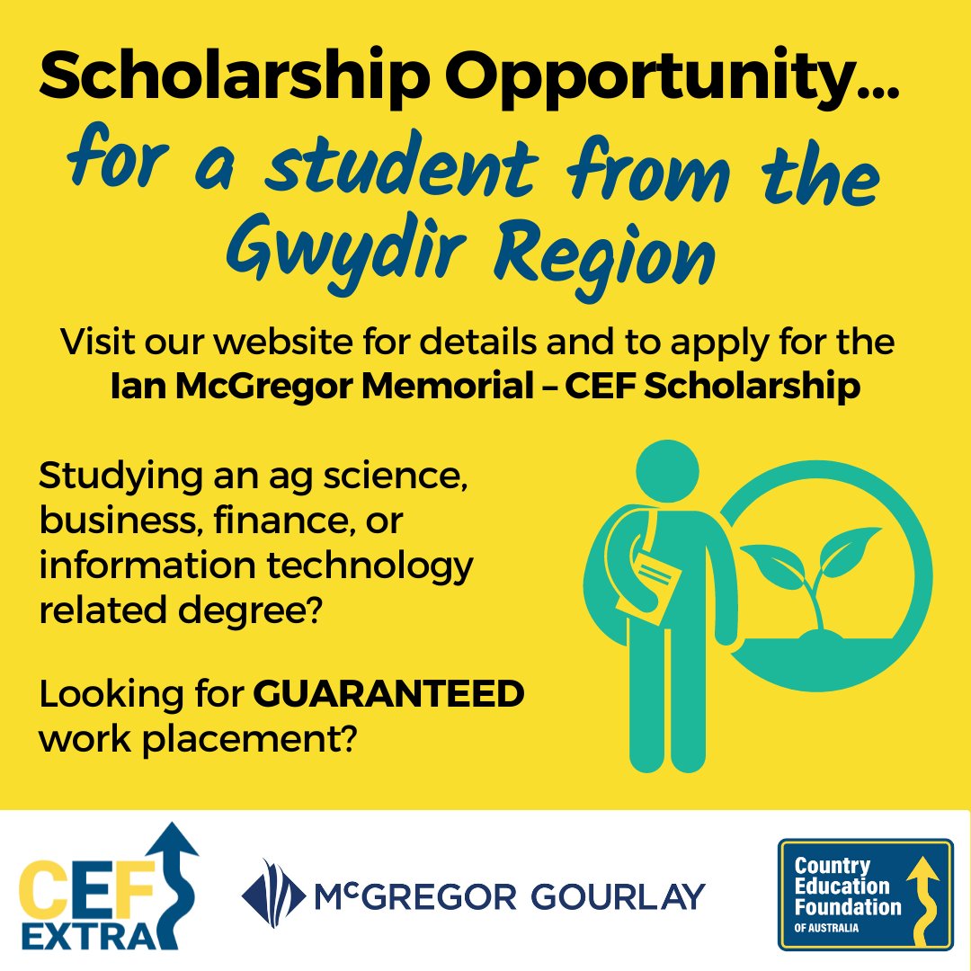 mcgregorgourlay's tweet photo. Proud to support Country Education Foundation of Australia's brand new “Ian McGregor Memorial Scholarship” valued at $5,000 to assist Gwydir region students with financial expenses for their studies in 2022. Applications close 31 December, apply today https://t.co/ssVssXaNpk https://t.co/FK2xwHhnJb