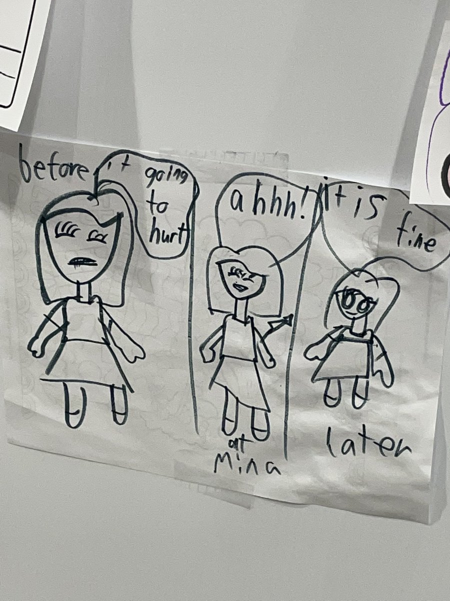 Corynn_L's tweet photo. A little sore today, but it means the vaccine is doing what it’s supposed to. Had a chuckle checking out these drawings at the #yqr @SaskHealth vaccine clinic. https://t.co/MF0xAODRjl