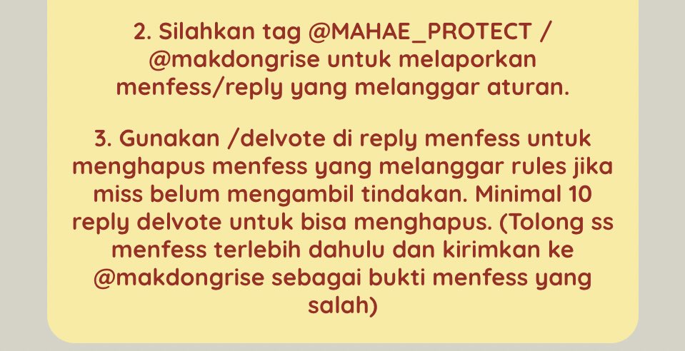 Kalau masih ingin base ini berjalan, tolong saling mengingatkan satu sama lain. Jika kalian melihat menfess yang melanggar aturan, kalian bisa reply /delvote rame2 agar tweetnya bisa terhapus. Miss semua ga 24jam mantau di base, jadi tolong kita saling membantu ya disini. 🙏🏻 -🍫