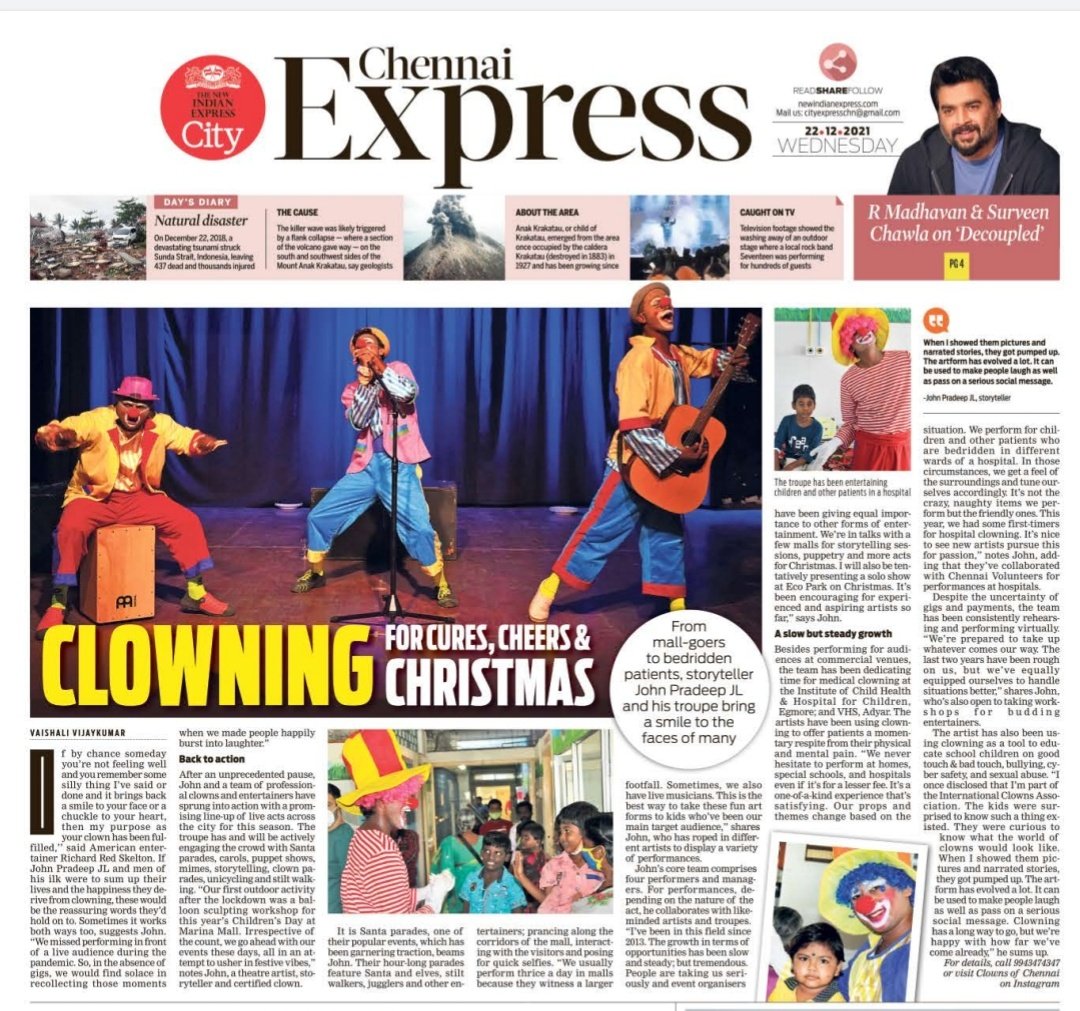 From mall-goers to bedridden patients, #storyteller @johnpradeepjl and his troupe bring a smile to the faces of many. 
cutt.ly/mUuqVWt
@Vaishaliv_kumar @NewIndianXpress @xpresstn 
#clownsofchennai #clowning #christmas #parades #puppetry #juggling #unicycling #stiltwalking