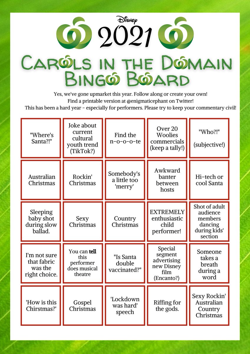 enigmaticephant's tweet photo. Okay, here we go! The unofficial Melbourne #CarolsbyCandlelight and Sydney #CarolsintheDomain Bingo boards, made by yours truly! 

Catch the TV broadcasts of the carols on the 23rd (Syd) and 24th (Mel) and join me for some good-natured traditional Christmas ribbing. 
#melbourne https://t.co/7WozAOIoBJ