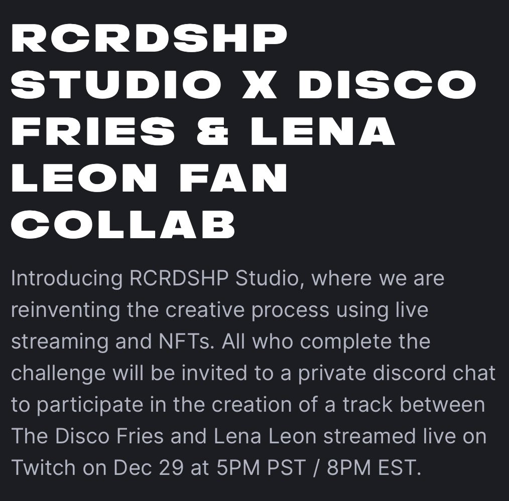 TheDiscoFries's tweet image. The first of its kind #ParticipateToCreate challenge w/ @itslenaleon &amp;amp; @rcrdshp is now live. LETS GOOOO‼️🍟